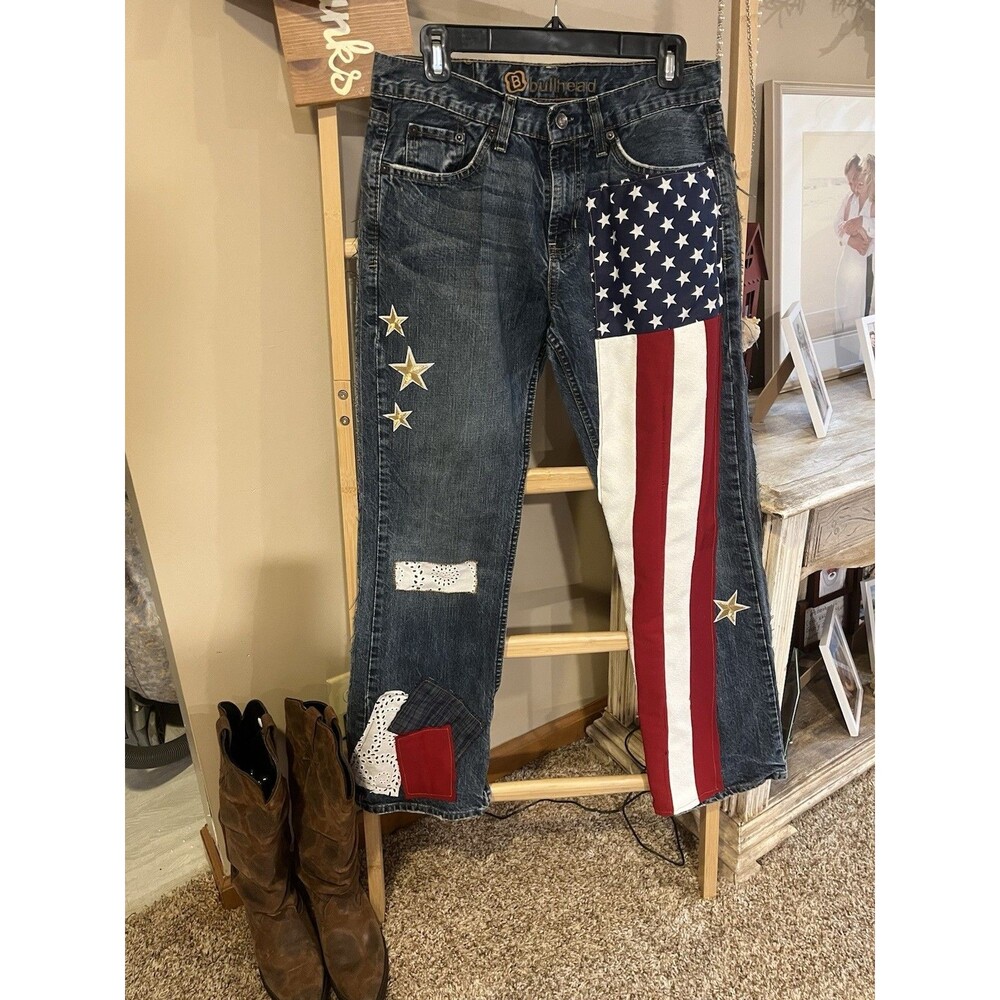 Bullhead Slim Boot Jeans 29x30 Custom American Flag Patriotic USA Patchwork